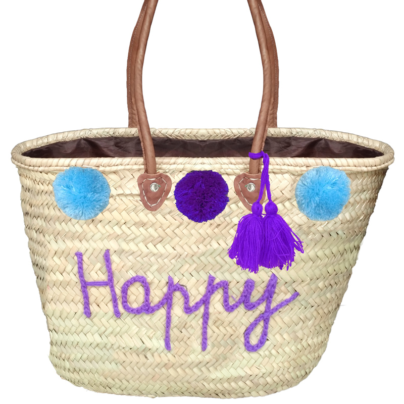 Korbtasche mit Pom Poms und Kordel | Marrakesch-Design