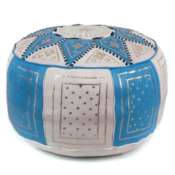 Orientalischer Pouf Leder Fes Hellblau